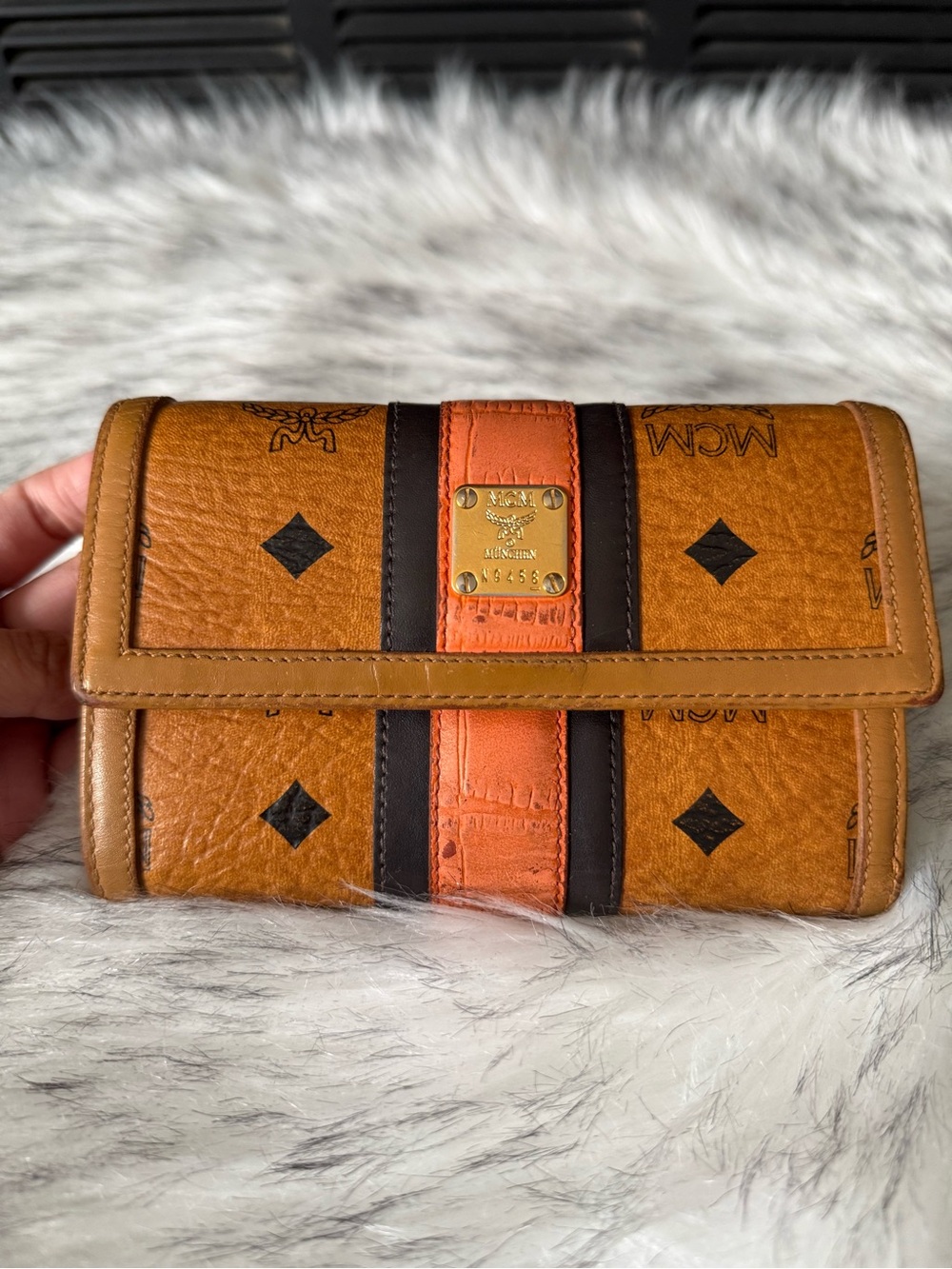 MCM Cognac and Orange Logo Continental Wallet